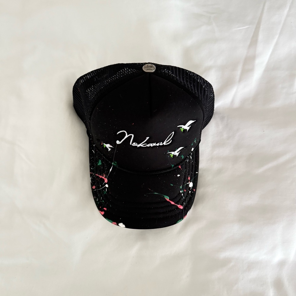 Black Nokwal Cap with embroidery and paint splatter